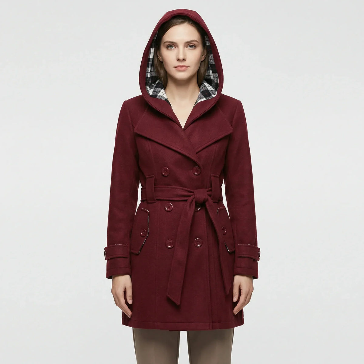 Women's Hooded Trench Coat Double-Breasted with Belt