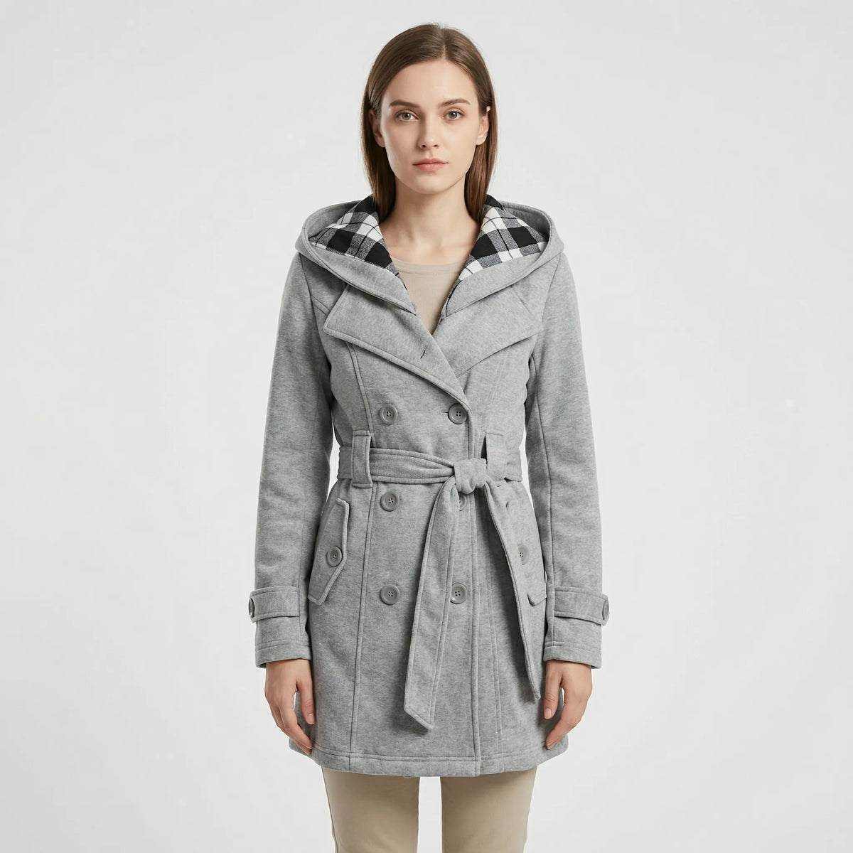 Women's Hooded Trench Coat Double-Breasted with Belt
