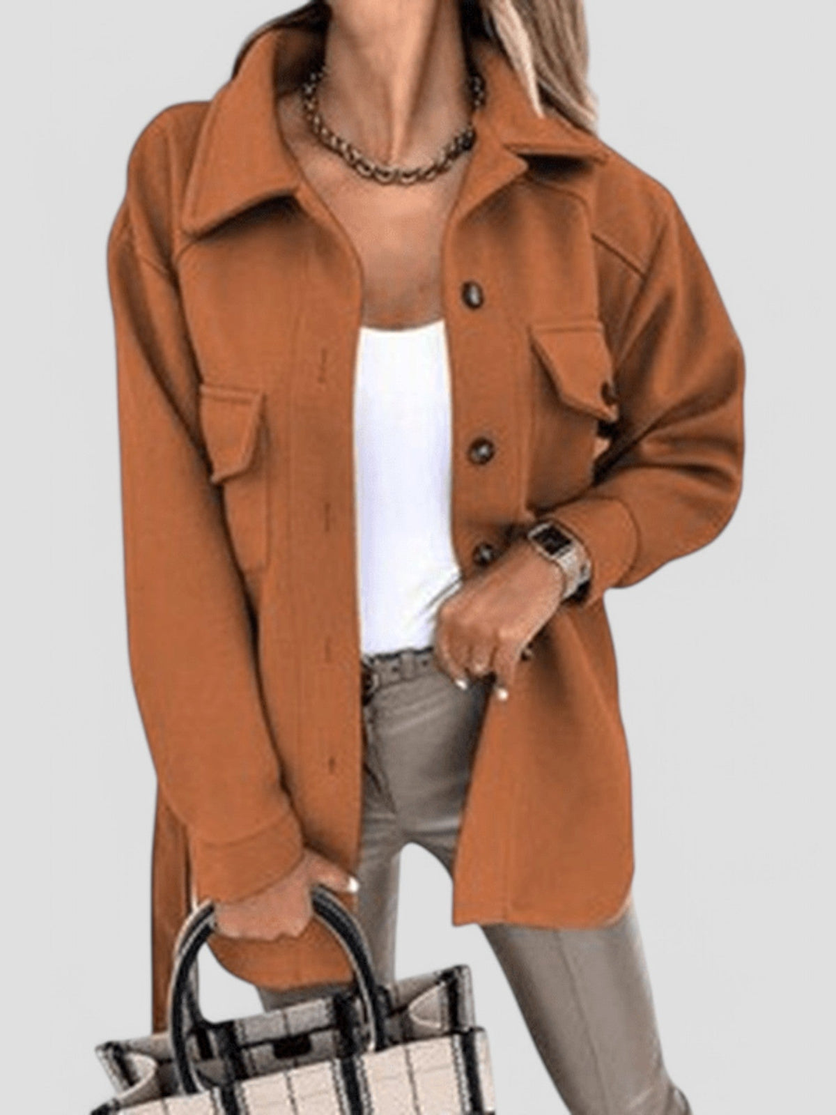 Women's Button-Front Shirt Jacket with Chest Details