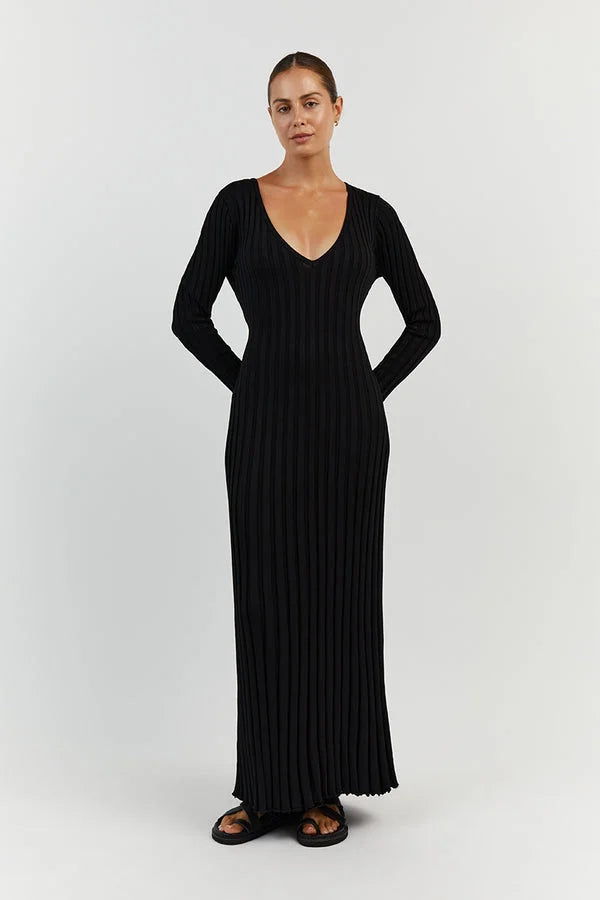 Women's Ribbed V-Neck Knit Maxi Dress Long Sleeve
