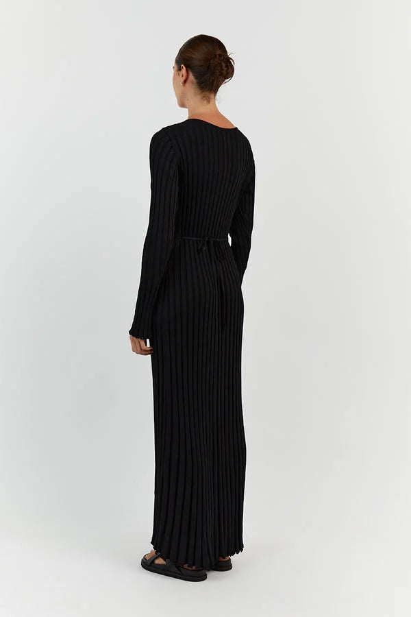 Women's Ribbed V-Neck Knit Maxi Dress Long Sleeve