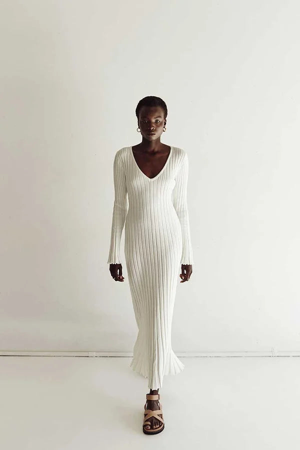 Women's Ribbed V-Neck Knit Maxi Dress Long Sleeve