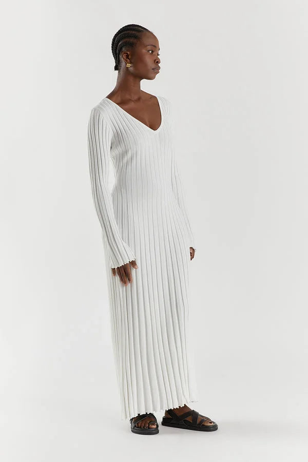 Women's Ribbed V-Neck Knit Maxi Dress Long Sleeve