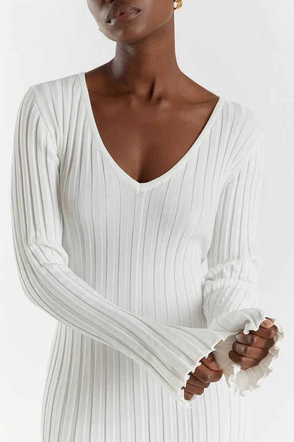 Women's Ribbed V-Neck Knit Maxi Dress Long Sleeve
