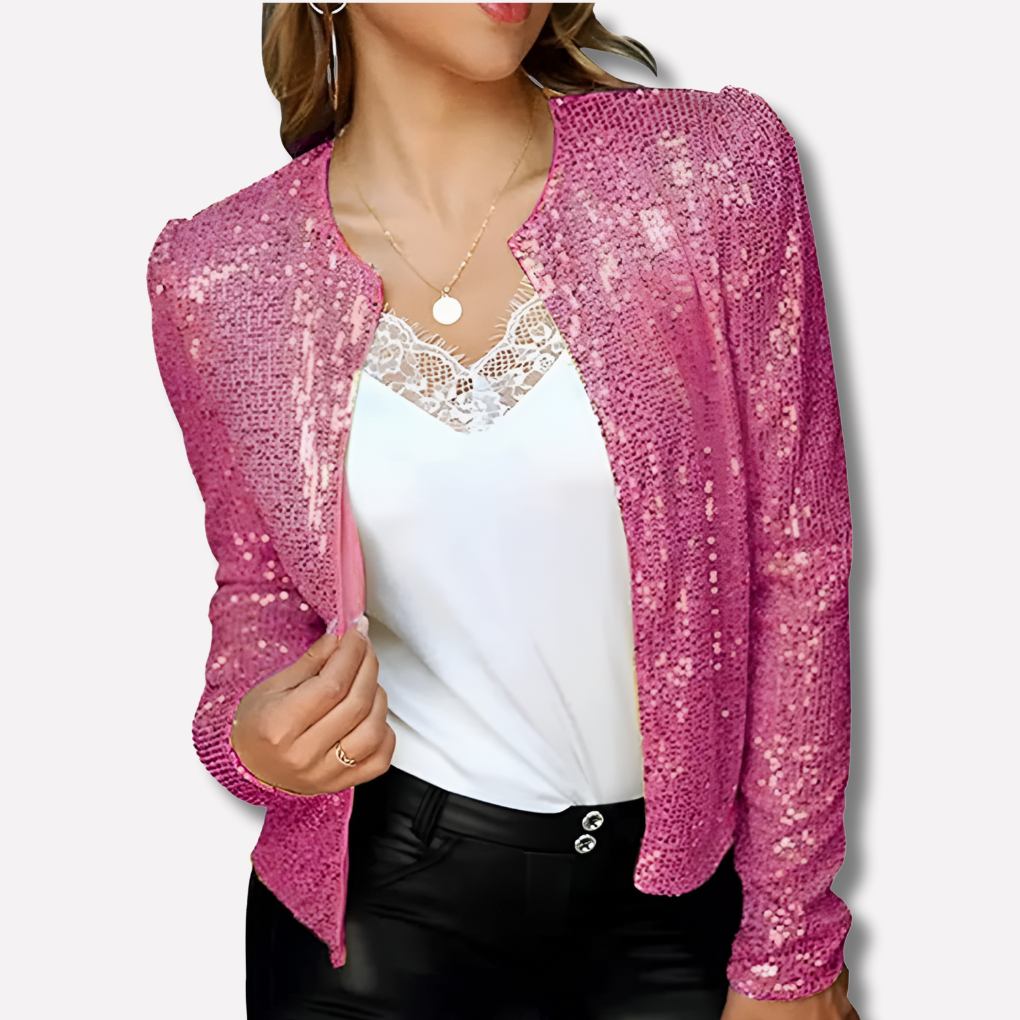 Women's Sequin Blazer with Padded Shoulders and Front Closure