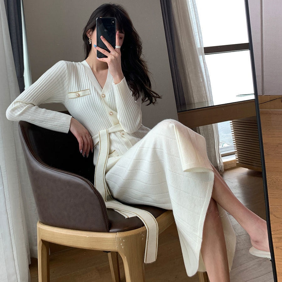 Women’s Belted Ribbed Knitted Midi Dress