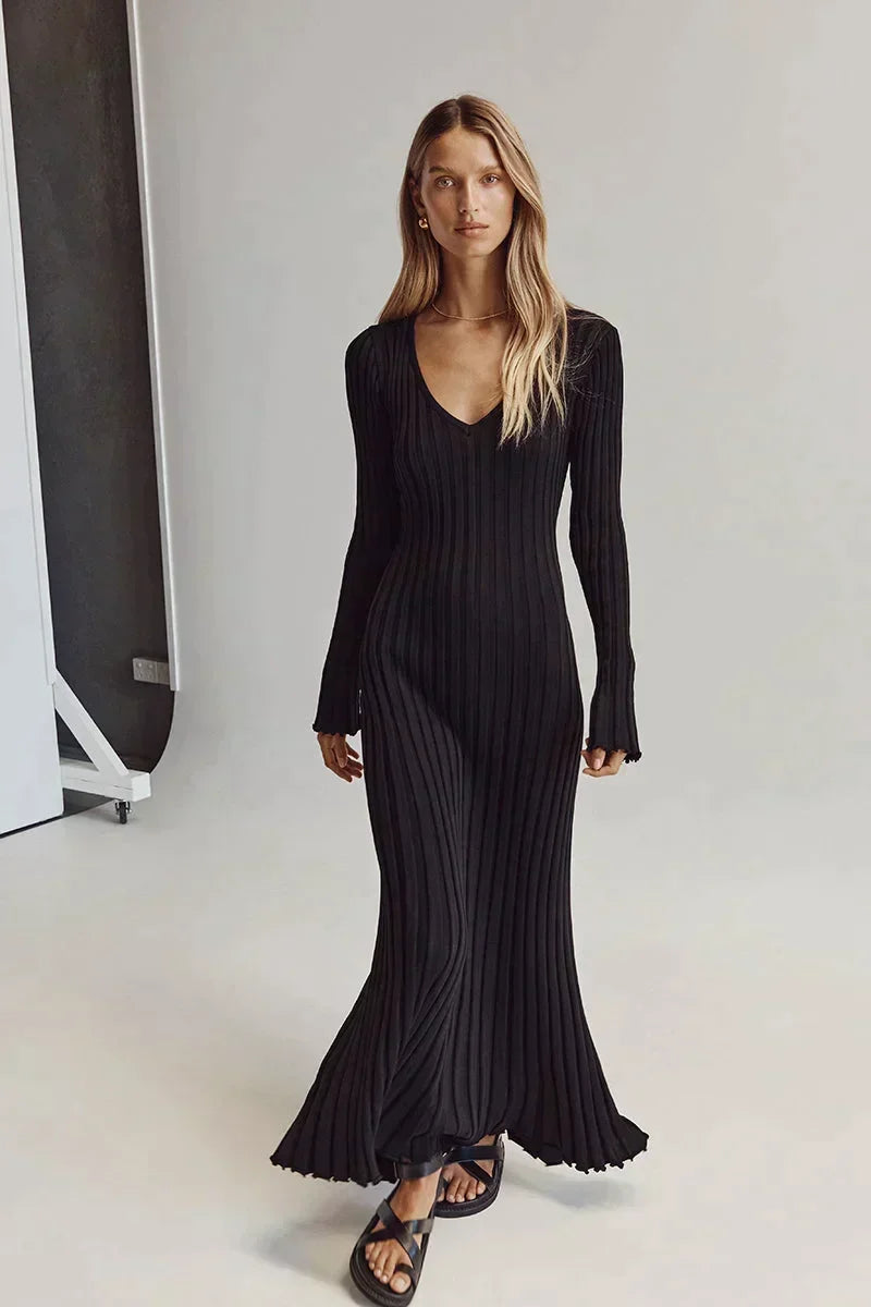 Women's Ribbed V-Neck Knit Maxi Dress Long Sleeve
