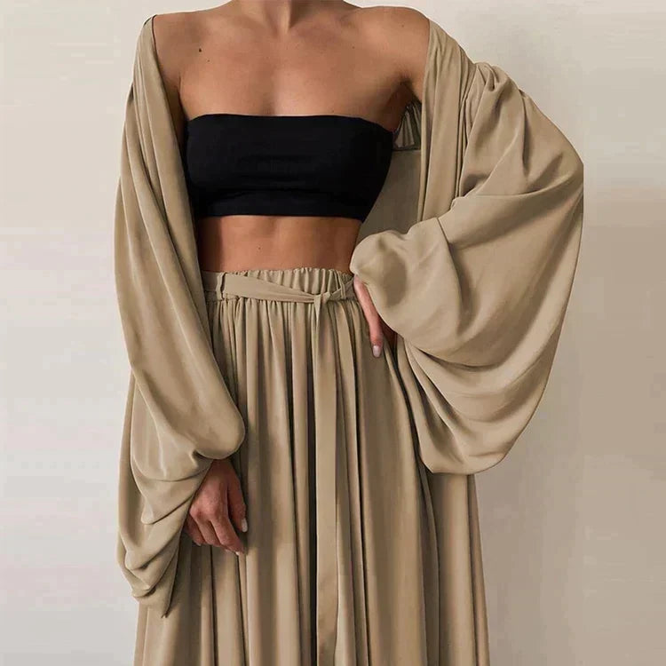 Women's 3-Piece Set Bandeau Top Wide-Leg Trousers Kimono