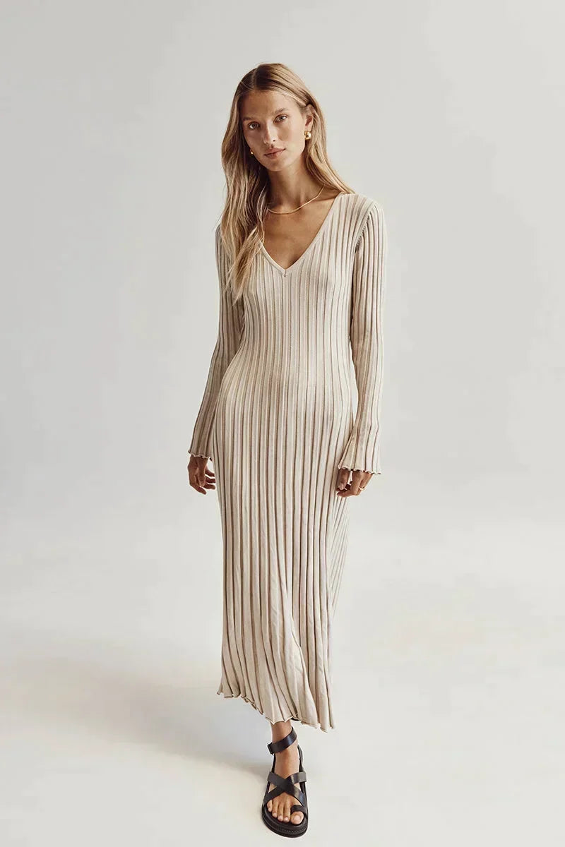 Women's Ribbed V-Neck Knit Maxi Dress Long Sleeve