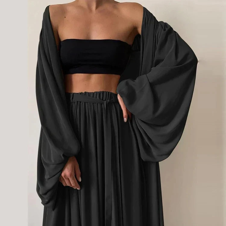 Women's 3-Piece Set Bandeau Top Wide-Leg Trousers Kimono