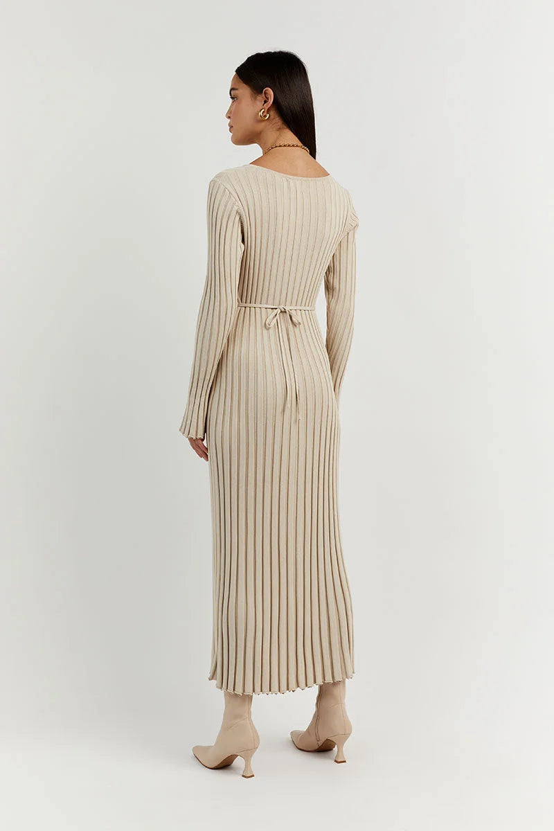 Women's Ribbed V-Neck Knit Maxi Dress Long Sleeve