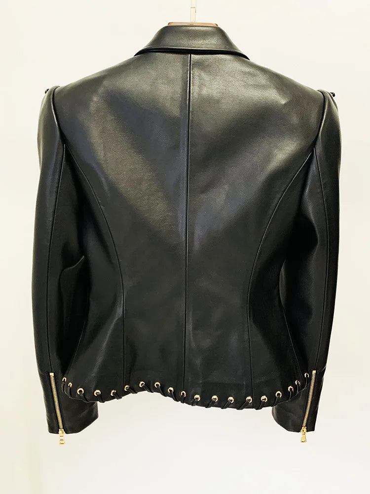 Women’s Fitted Leather-Look Jacket with Eyelet Lacing – Structured Shoulders and Statement Lapels for Edgy Everyday Styling