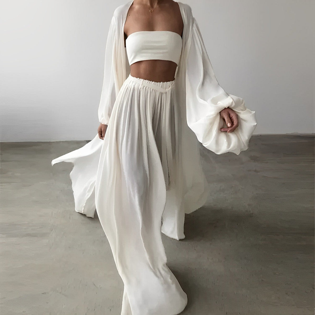 Women's 3-Piece Set Bandeau Top Wide-Leg Trousers Kimono