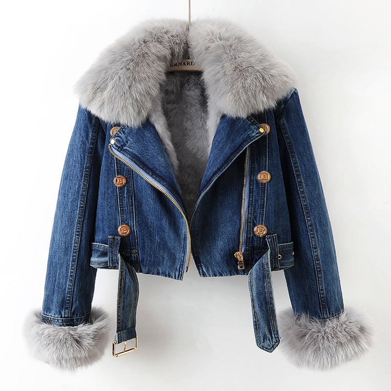 Women's Cropped Denim Biker Jacket with Plush Faux Fur Collar and Cuffs – Warm Lined Winter Outerwear with Asymmetric Zip Fastening and Adjustable Waist Belt for Elegant Casual Autumn and Winter Streetwear