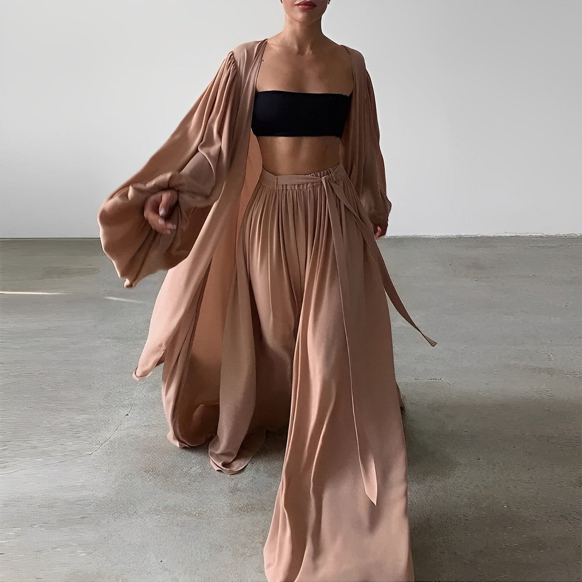 Women's 3-Piece Set Bandeau Top Wide-Leg Trousers Kimono