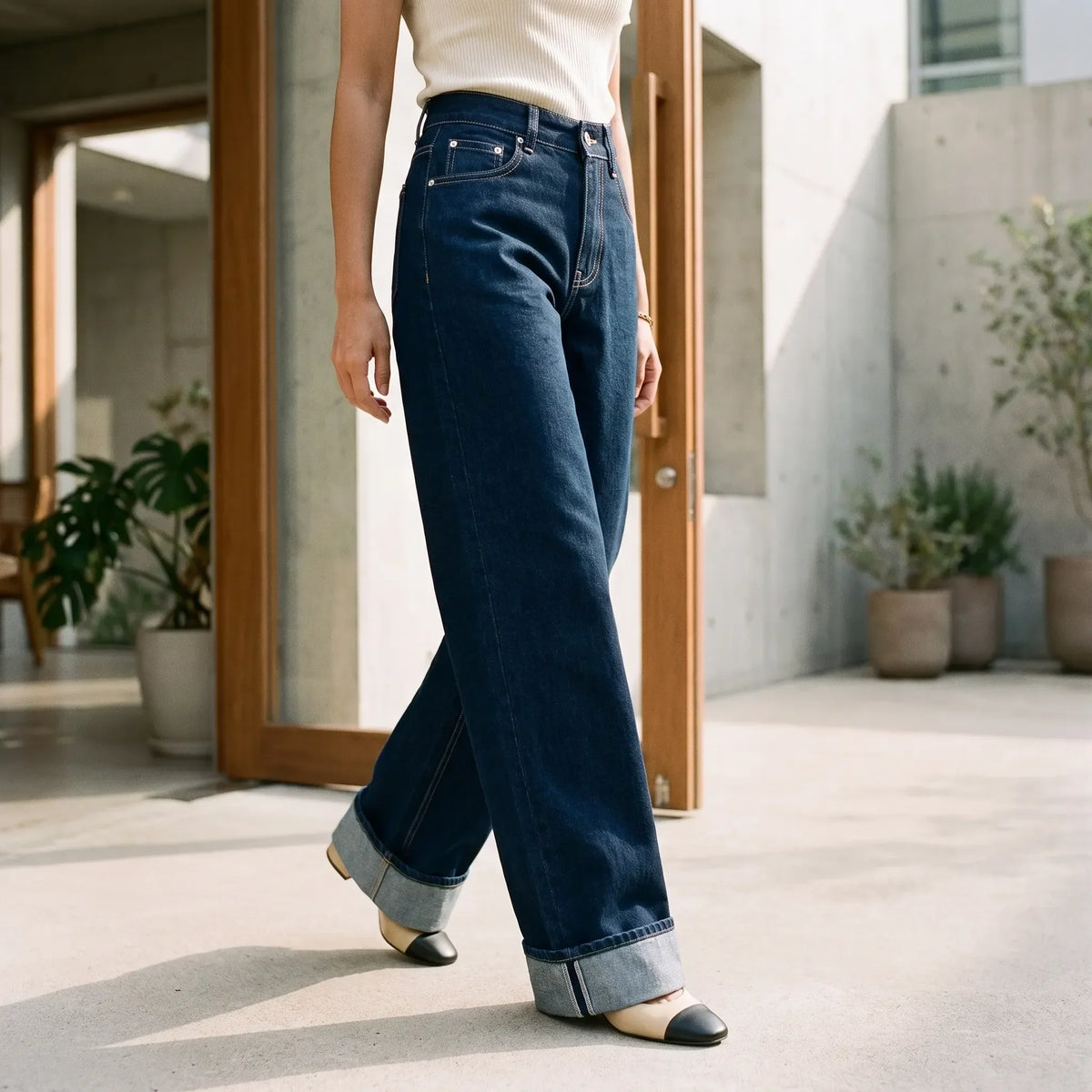 Women's High-Waisted Wide-Leg Jeans with Folded Cuffs