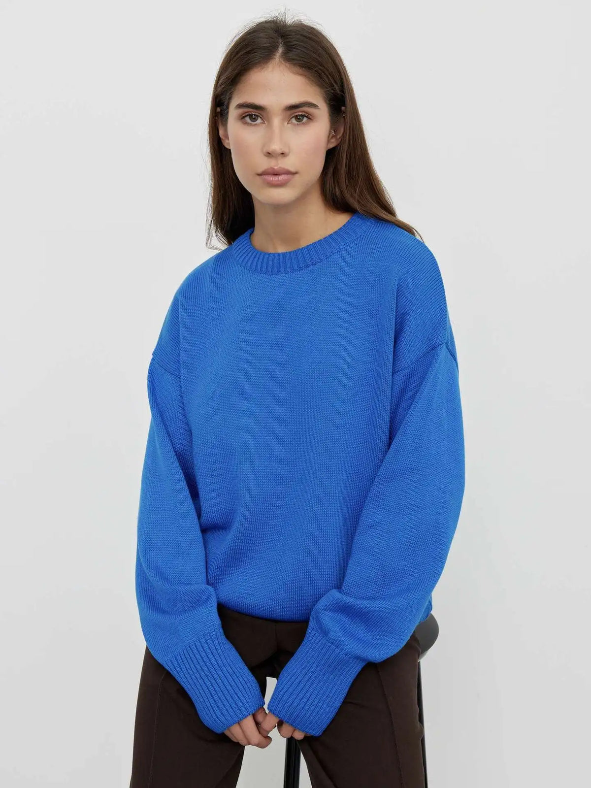 Women's Crew Neck Knit Jumper Relaxed Fit Long Sleeve