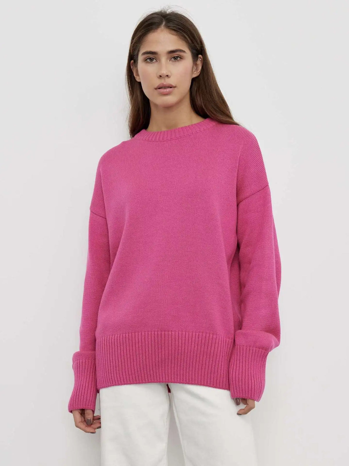Women's Crew Neck Knit Jumper Relaxed Fit Long Sleeve