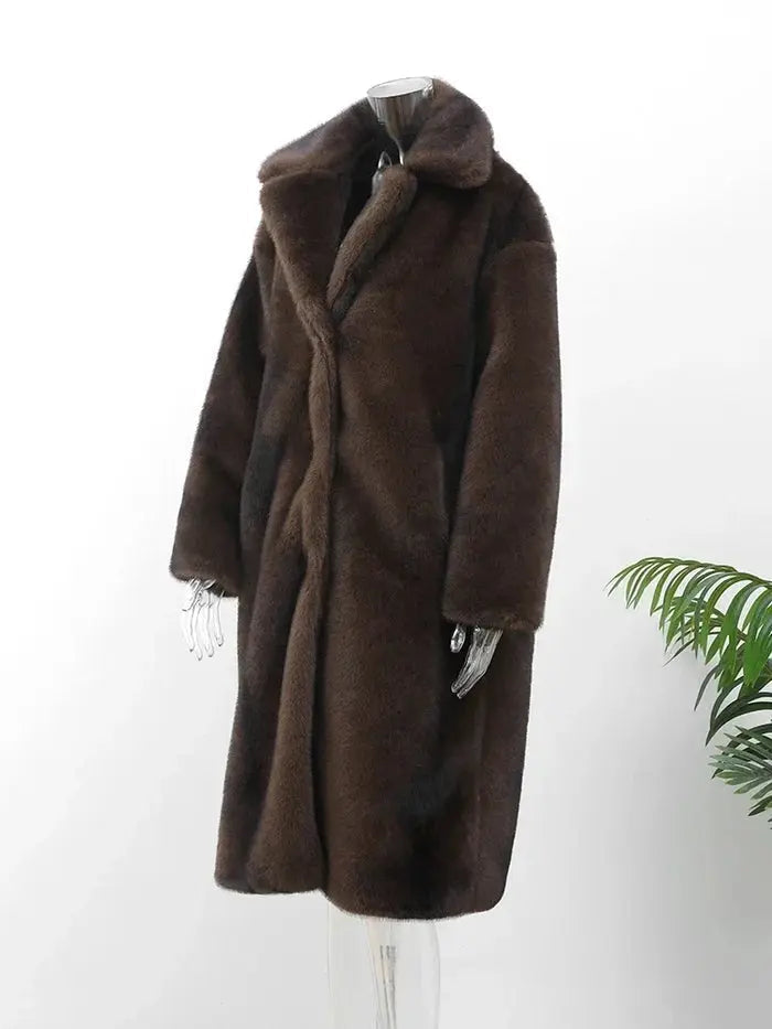 Women’s Long Faux Fur Winter Coat with Classic Lapels and Side Pockets – Relaxed Fit Plush Outerwear for Elegant Cold-Weather Dressing