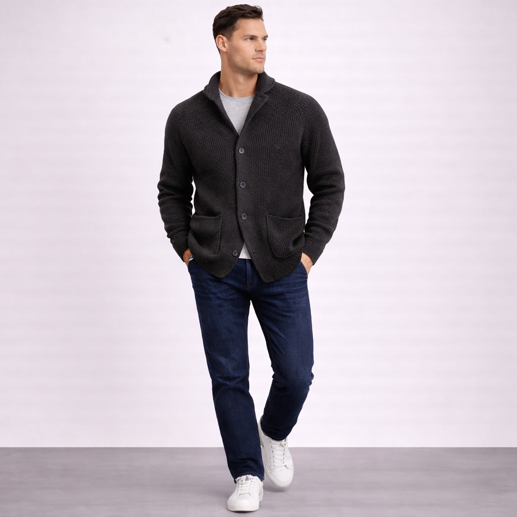 Men’s Ribbed Knit Button Cardigan with Collar