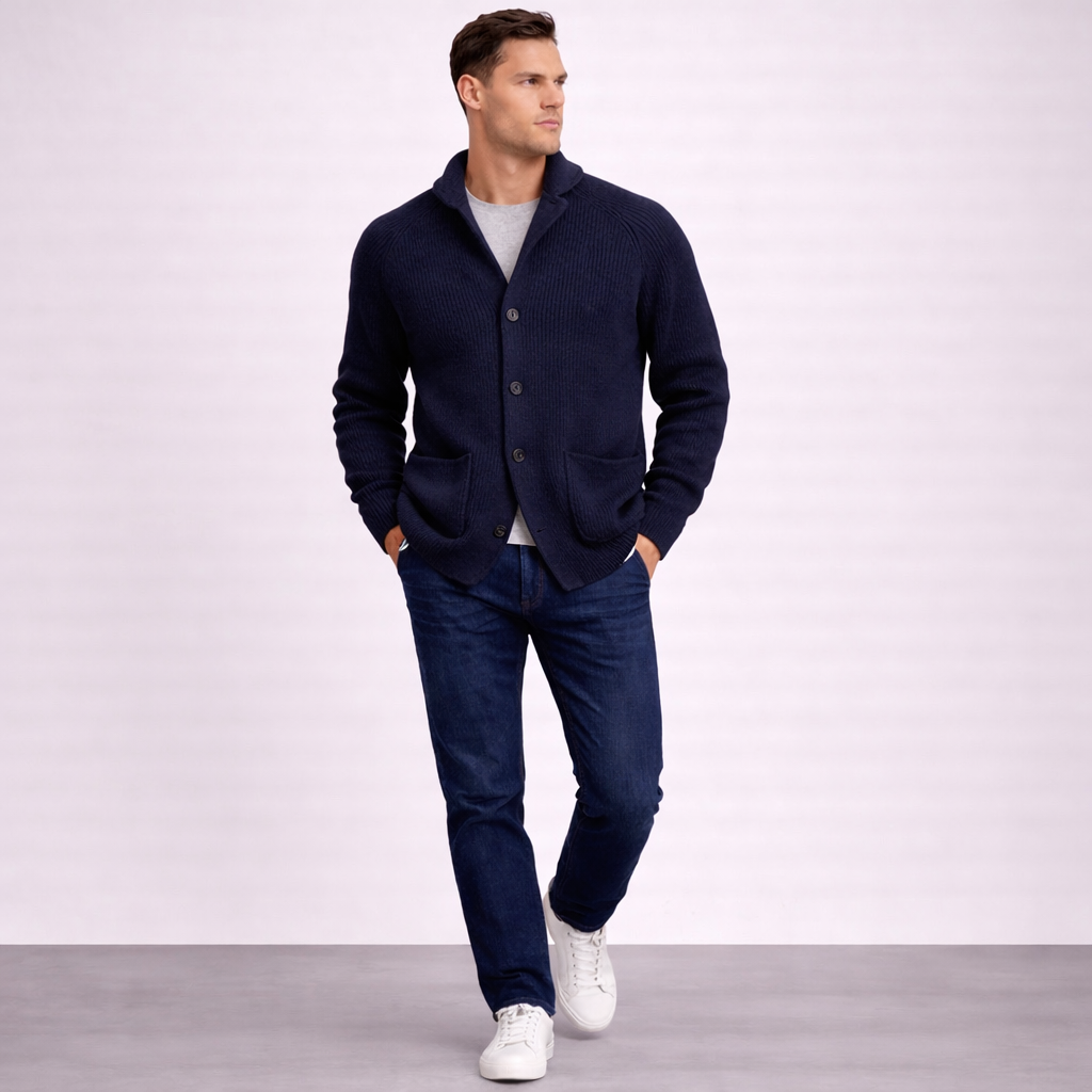 Men’s Ribbed Knit Button Cardigan with Collar