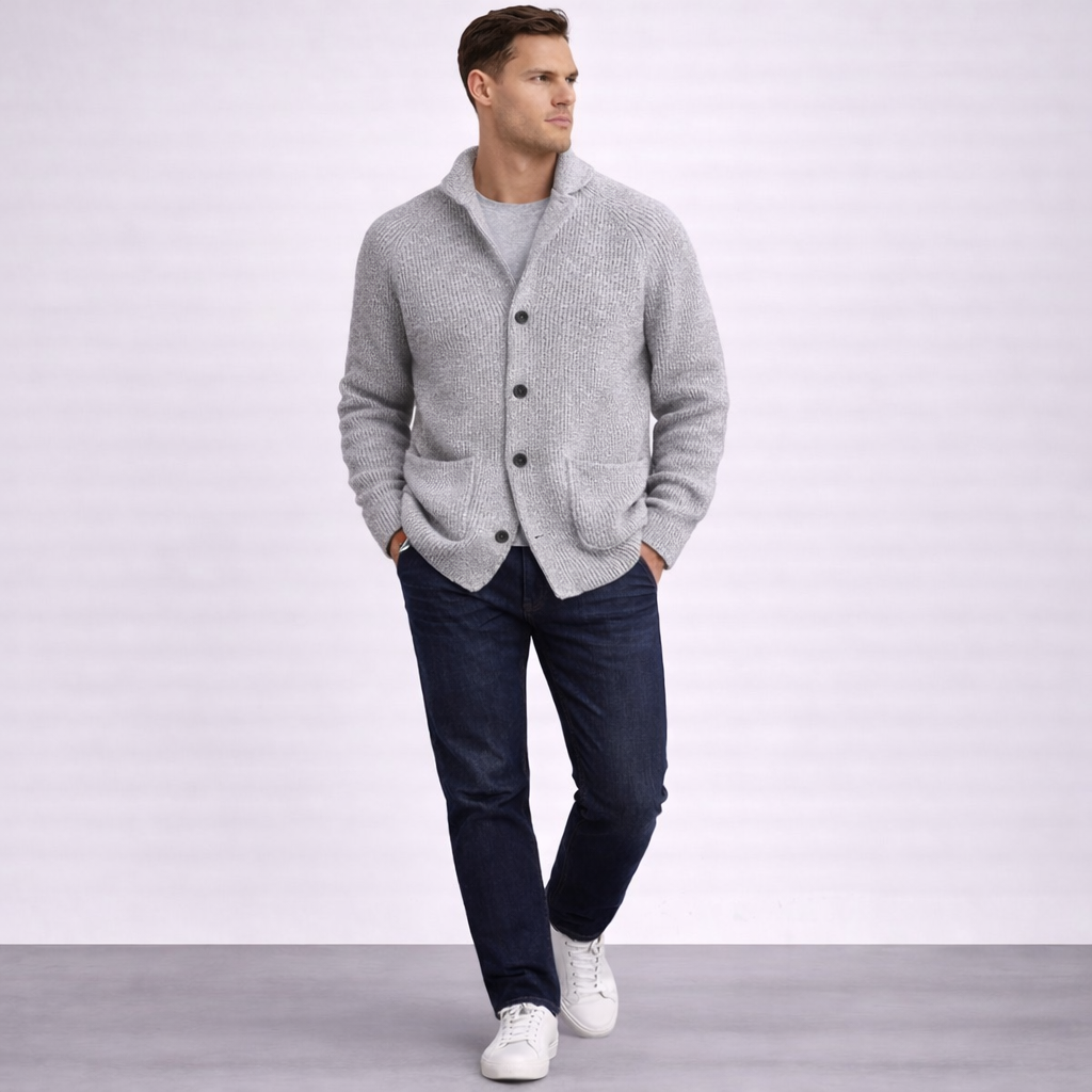 Men’s Ribbed Knit Button Cardigan with Collar