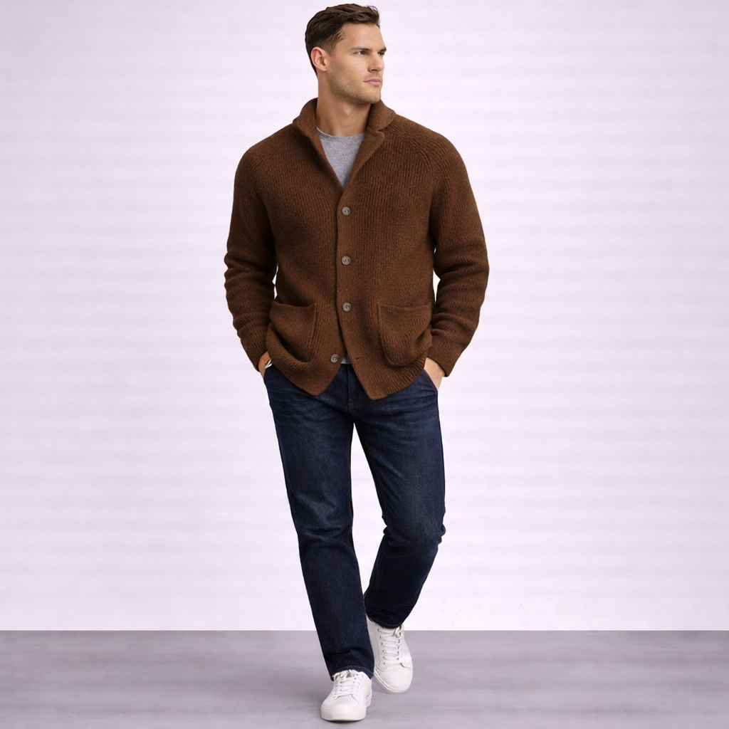 Men’s Ribbed Knit Button Cardigan with Collar