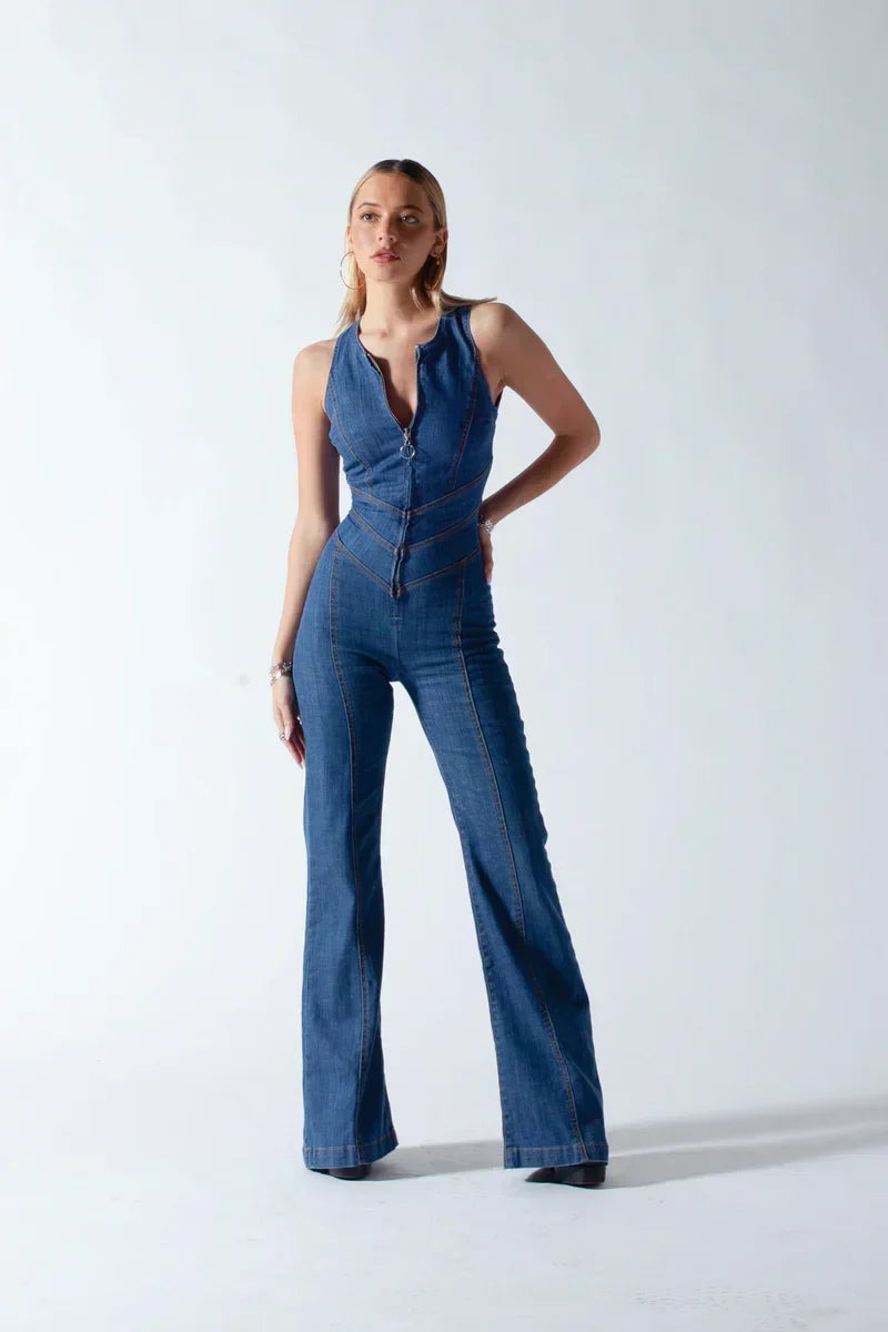 Women's Corset-Style Denim Jumpsuit with Heart-Shaped Back Cutout – Sleeveless Flared-Leg Style for Casual Wear