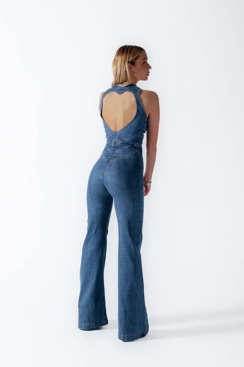 Women's Corset-Style Denim Jumpsuit with Heart-Shaped Back Cutout – Sleeveless Flared-Leg Style for Casual Wear