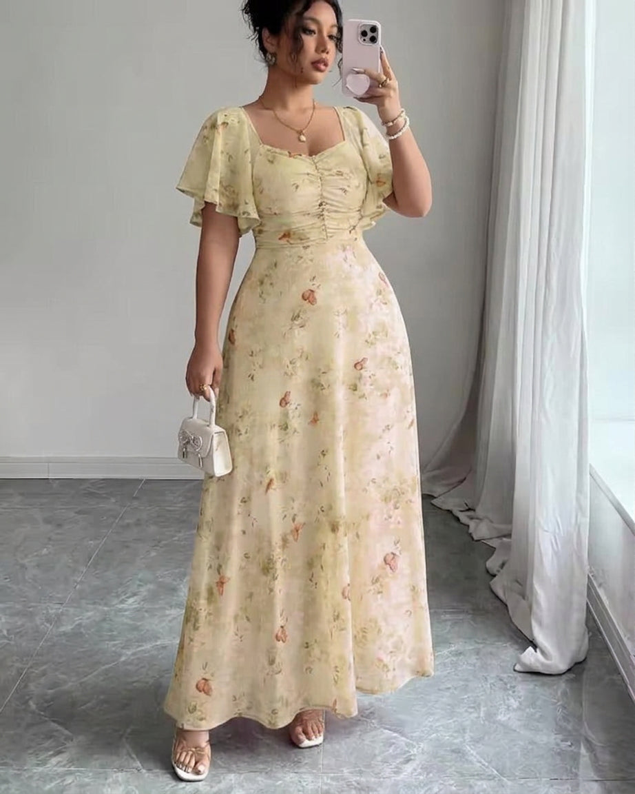 Women’s Floral Ruched Flutter Sleeve Maxi Dress
