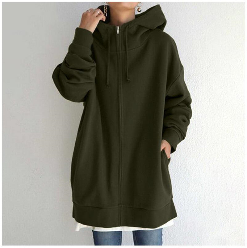 Women’s Oversized Longline Zip-Up Hoodie with Drawstring Hood and Pockets – Relaxed Cotton Blend Sweatshirt for Everyday Wear