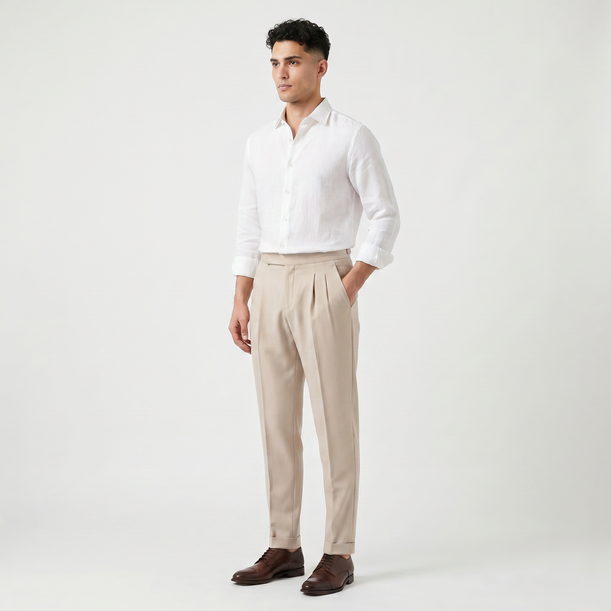 Men's Pleated Tapered Trousers with Cuffed Hem