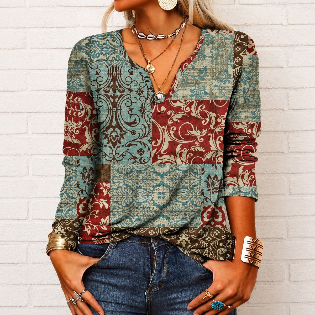 Women’s Printed V-Neck Long Sleeve Top