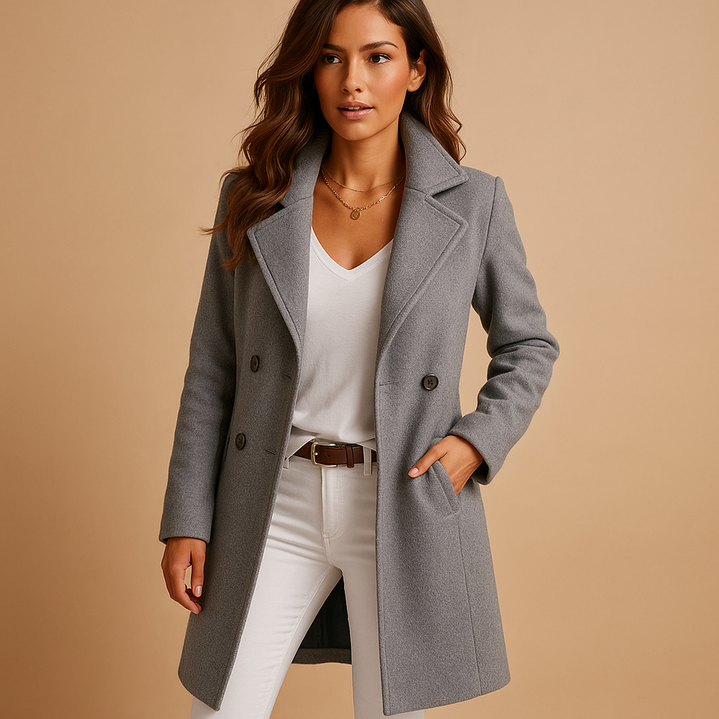 Women's Double-Breasted Wool Blend Coat with Notched Lapels – Elegant Tailored Outerwear for Autumn and Winter