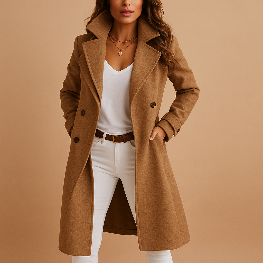 Women's Double-Breasted Wool Blend Coat with Notched Lapels – Elegant Tailored Outerwear for Autumn and Winter