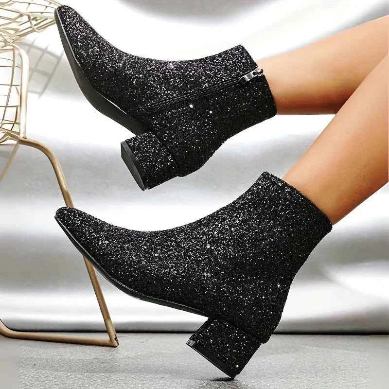 Women’s Glitter Ankle Boots with Block Heels and Side Zips – Pointed-Toe Footwear for Evening Outfits and Special Occasions
