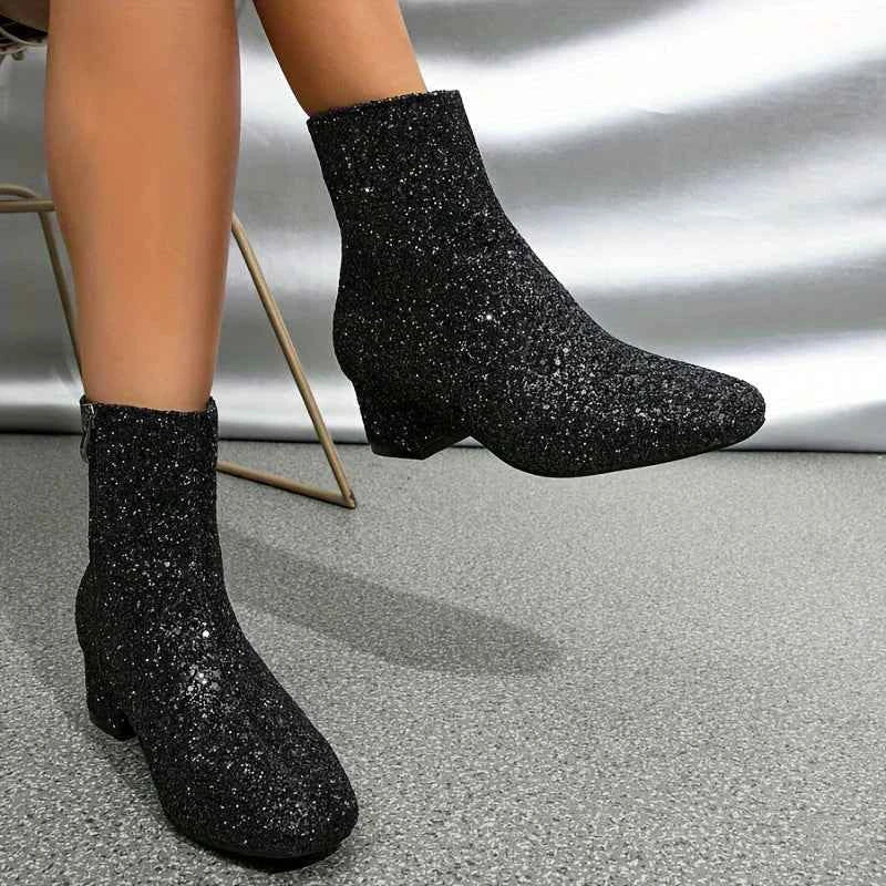 Women’s Glitter Ankle Boots with Block Heels and Side Zips – Pointed-Toe Footwear for Evening Outfits and Special Occasions