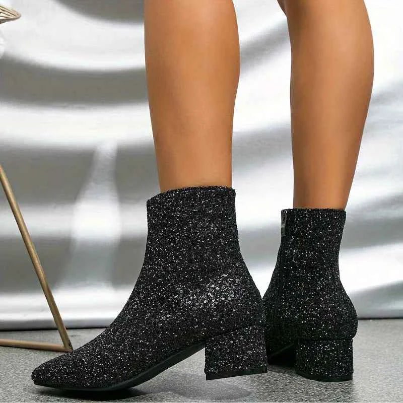 Women’s Glitter Ankle Boots with Block Heels and Side Zips – Pointed-Toe Footwear for Evening Outfits and Special Occasions