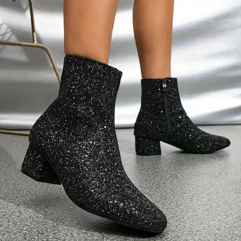 Women’s Glitter Ankle Boots with Block Heels and Side Zips – Pointed-Toe Footwear for Evening Outfits and Special Occasions