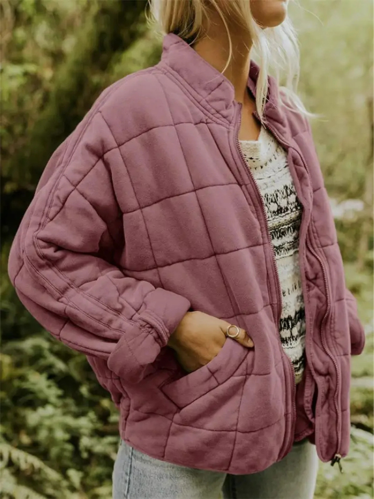 Women's Oversized Quilted Winter Jacket with Stand Collar and Square Stitching – Warm Padded Zip-Up Casual Outerwear with Relaxed Fit and Side Pockets for Autumn and Winter Everyday Wear