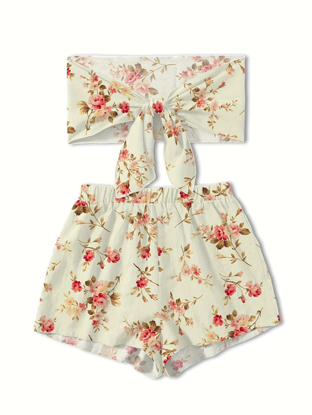 Women's Printed Bandeau Top and Shorts Set with Tie-Front Detail – Lightweight Summer Co-Ord for Holidays