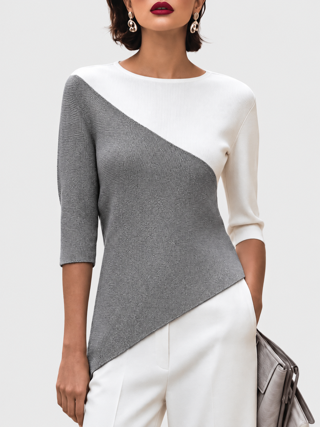 Juliana - Women's Diagonal Color-Block Ribbed Knit Top