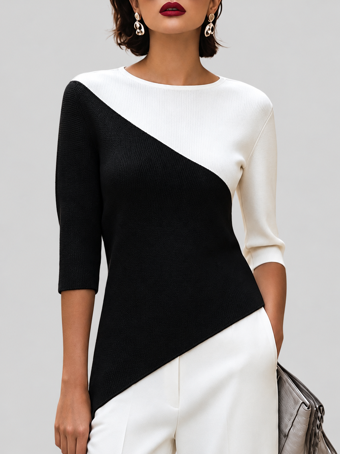 Juliana - Women's Diagonal Color-Block Ribbed Knit Top