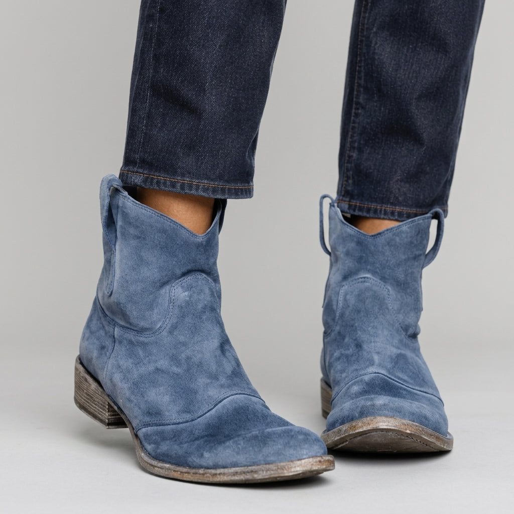 Karen - Women's Suede Pull-On Ankle Boots with V-Cut Shaft
