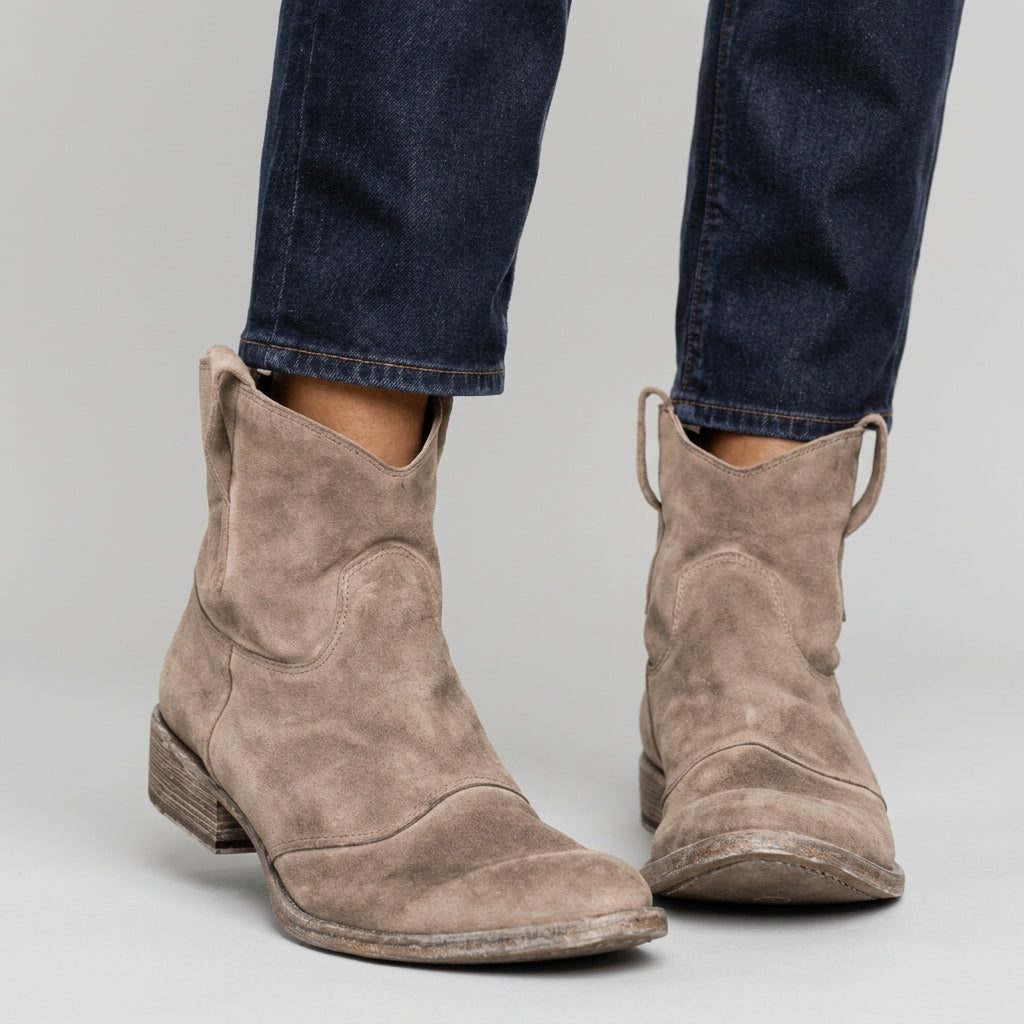 Karen - Women's Suede Pull-On Ankle Boots with V-Cut Shaft