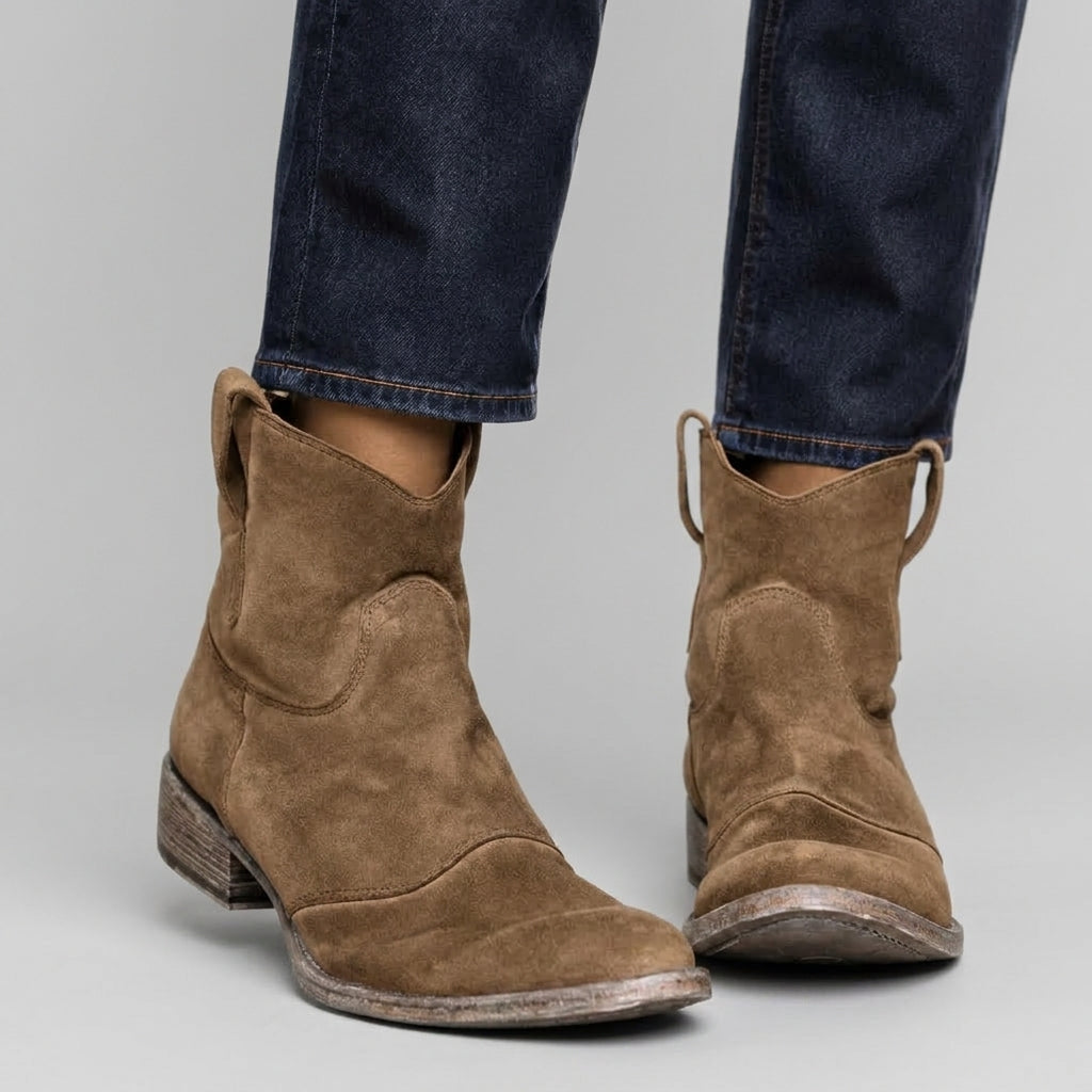 Karen - Women's Suede Pull-On Ankle Boots with V-Cut Shaft