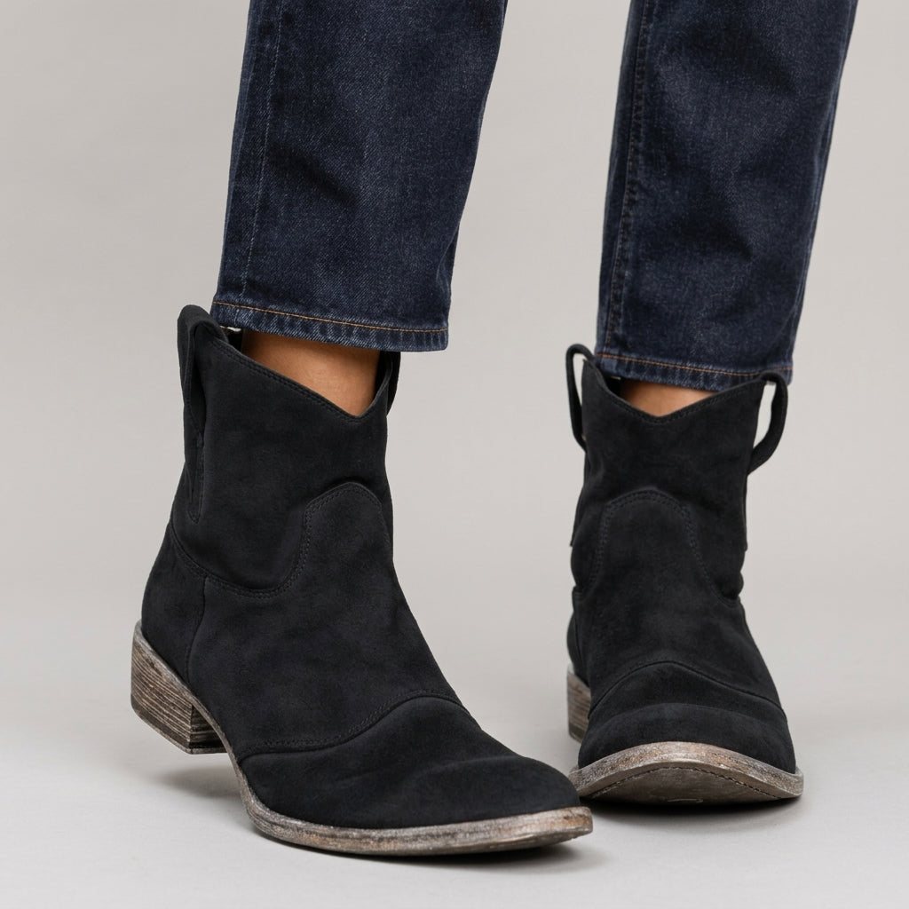 Karen - Women's Suede Pull-On Ankle Boots with V-Cut Shaft