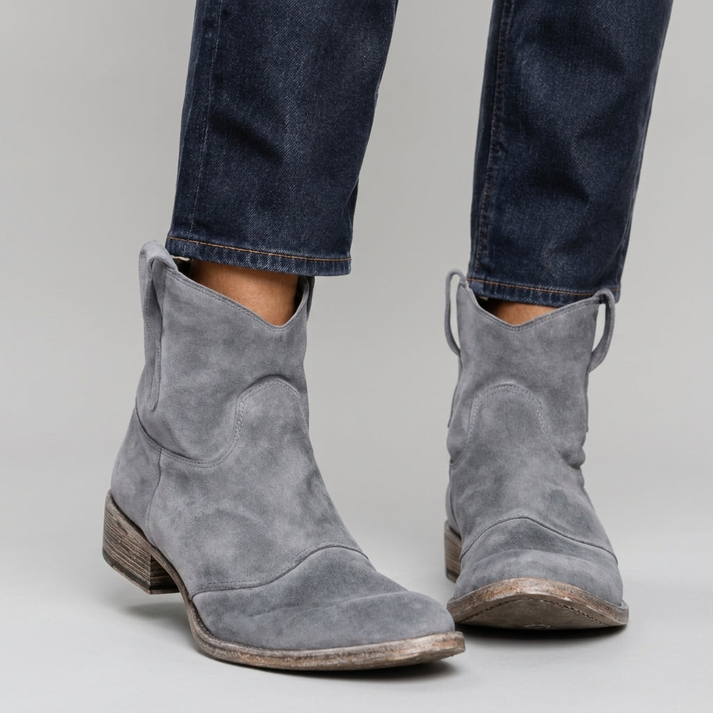 Karen - Women's Suede Pull-On Ankle Boots with V-Cut Shaft
