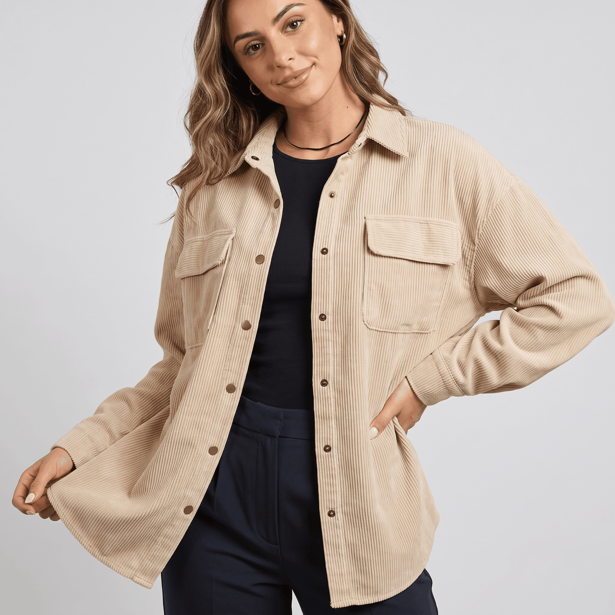 Keanna Wide Wale Corduroy Shirt Jacket – Oversized Button-Down Drop Shoulder Long Sleeve Top