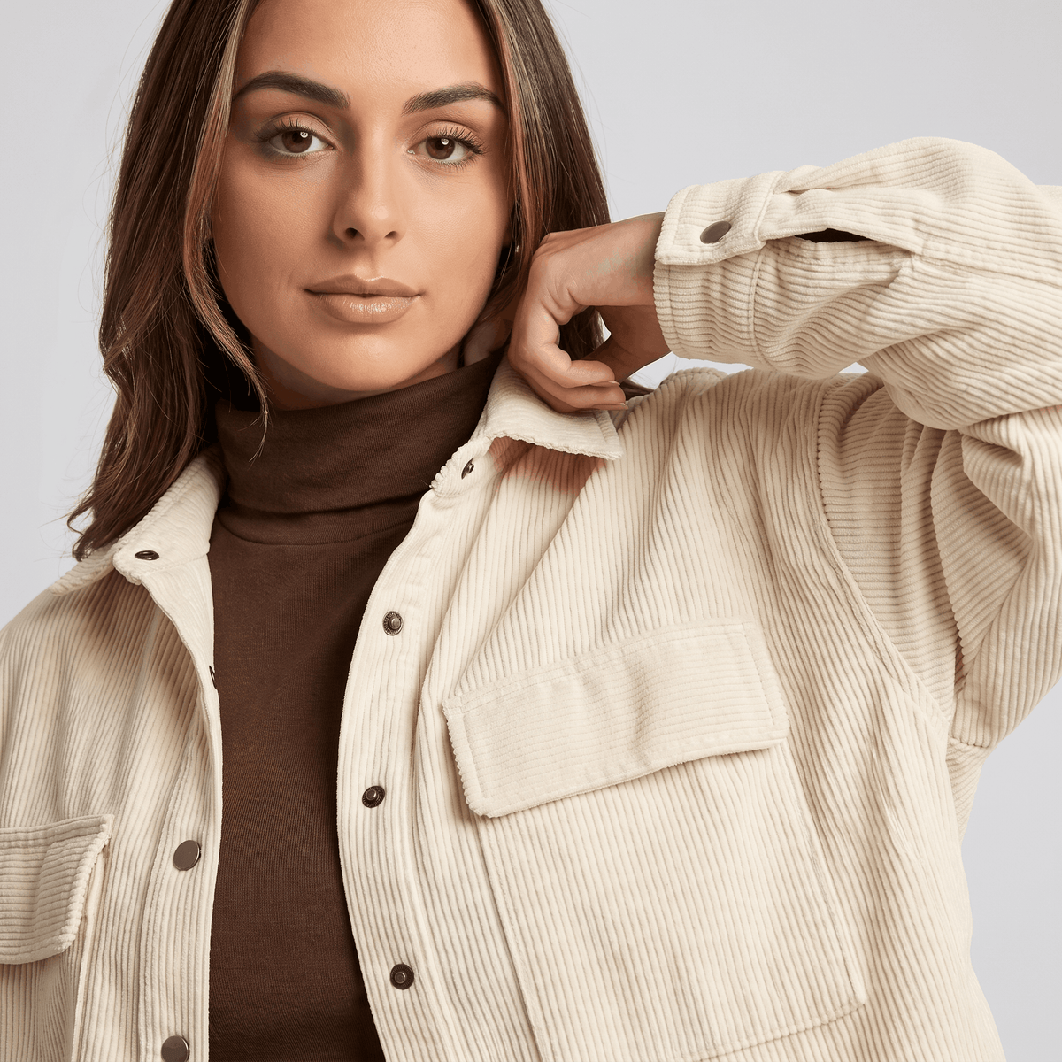 Keanna Wide Wale Corduroy Shirt Jacket – Oversized Button-Down Drop Shoulder Long Sleeve Top
